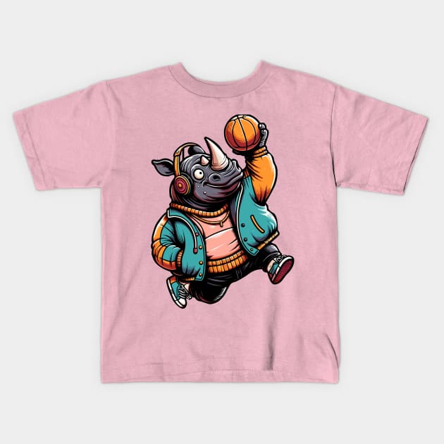 funny rhino basketball Kids T-Shirt by TimeWarpWildlife